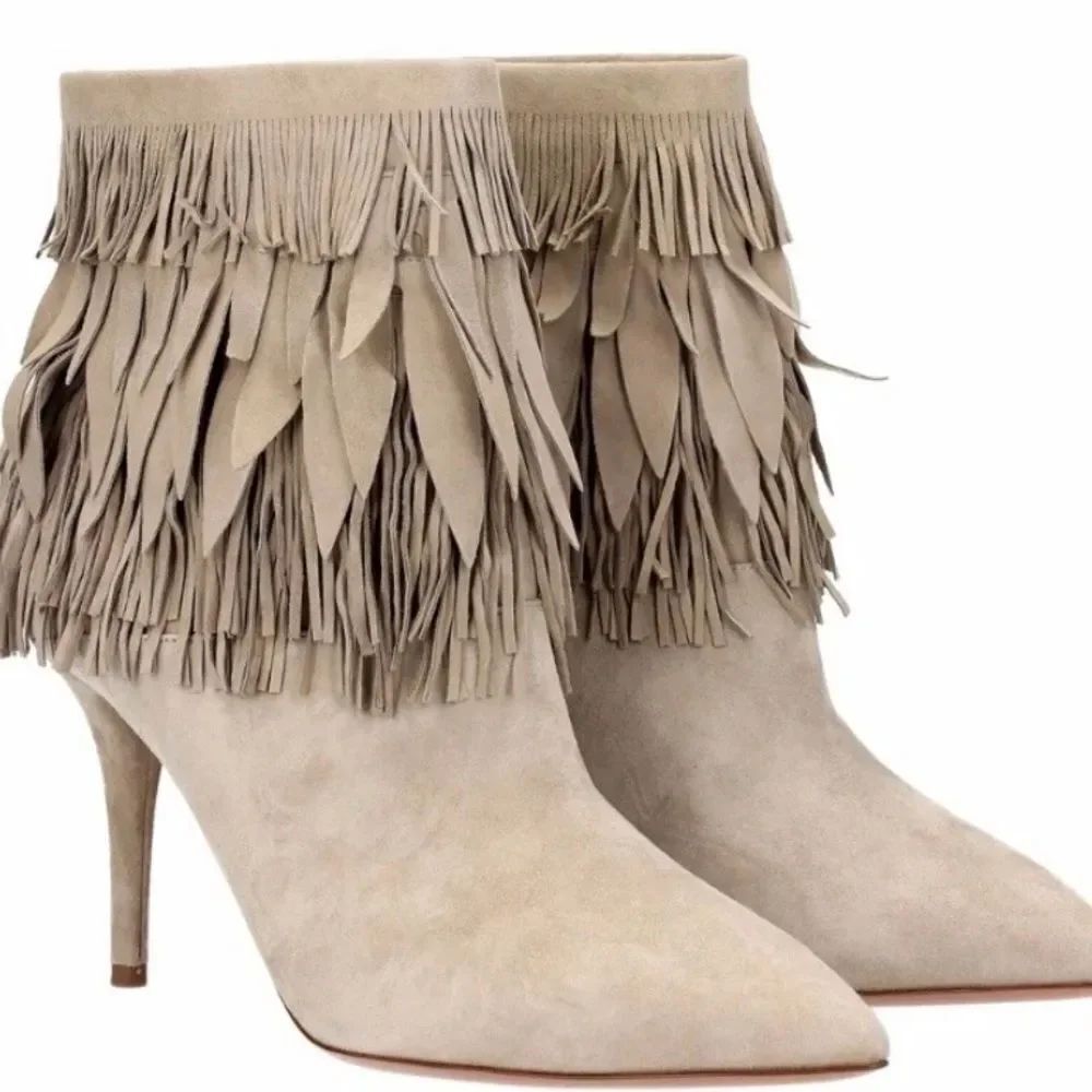 AQUAZZURA Sasha Fringe Ankle Booties Boots cowboy heels pointy toe shoes
